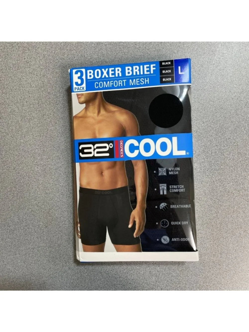 NWT 32 Degrees Cool Men's 3-Pack Boxer Briefs Comfort Mesh Large Black C1387